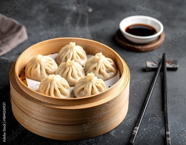 Fototapeta Steaming Bamboo Basket of Pork Soup Dumplings with Soy Sauce