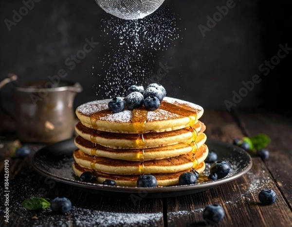 Fototapeta Powdered Sugar Being Dusted on Blueberry Pancakes with Maple Syrup