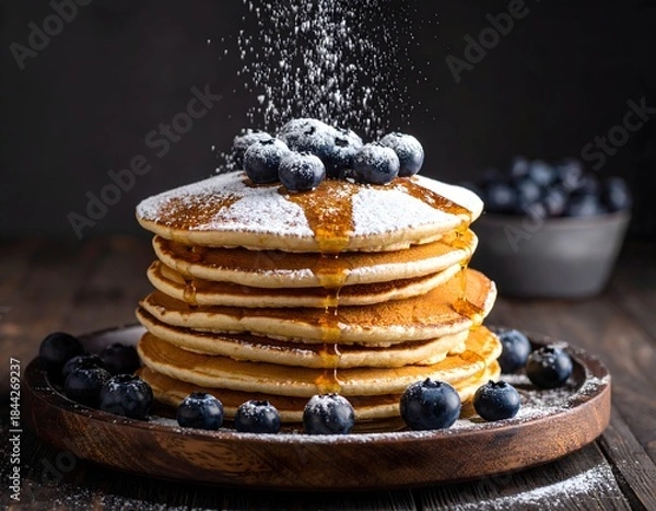 Fototapeta Powdered Sugar Being Dusted on Blueberry Pancakes with Maple Syrup