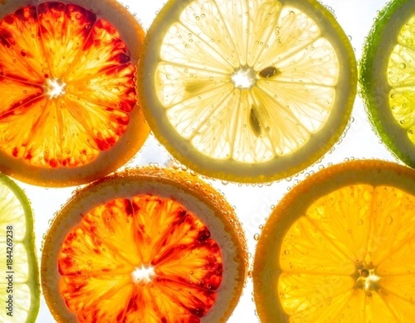 Fototapeta Backlit Citrus Slices of Lemon Lime and Orange Floating in Water