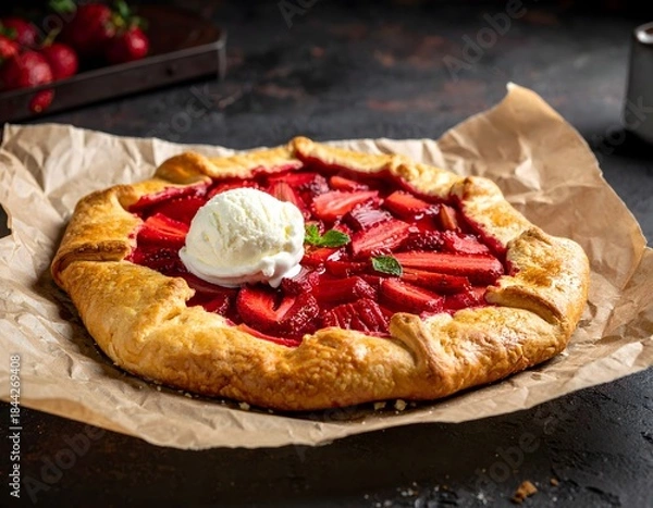 Fototapeta Rustic Strawberry Rhubarb Galette with Melting Ice Cream on Parchment