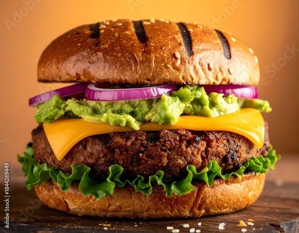 Fototapeta Juicy Plant-Based Burger with Melting Vegan Cheese and Smashed Avocado
