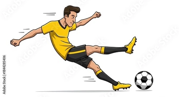 Fototapeta Dynamic illustration of a male athlete in motion, kicking a soccer ball with full force during a game