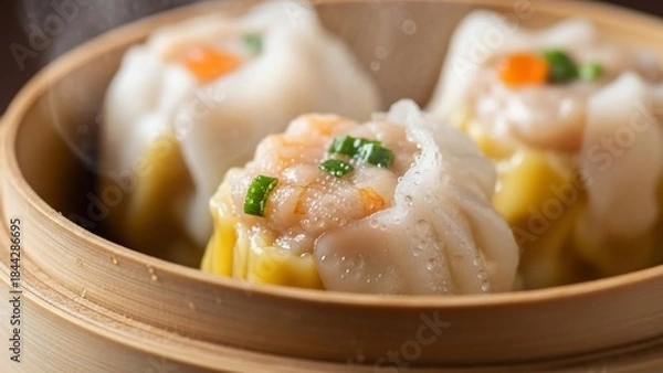 Obraz Steamed Shrimp and Pork Shumai Dumplings in Bamboo Steamer Basket.