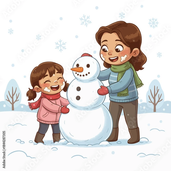 Fototapeta Winter joy: family building snowman together. Cute daughter and mummy playing in the snow. Teamwork in snow: kid creating snowman figure. Happy girl in warm clothing enjoying snowy day outdoors