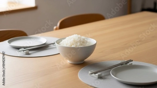 Obraz A Simple and Elegant Table Setting with a Bowl of Steamed Rice.