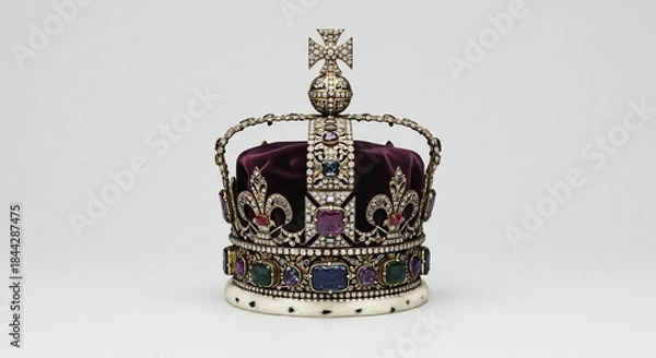 Obraz 白い背景に輝く宝石と深みのある紫のベルベットで飾られた精巧な王冠柔らかなスタジオ照明の下でその豪華なディテールが鮮やかに浮かび上がり時代を超えた威厳と歴史的な権威を象徴する宝飾品. AI Generated