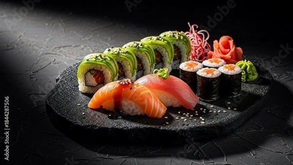 Obraz Assorted sushi platter with avocado rolls, nigiri, and maki on a dark stone plate.