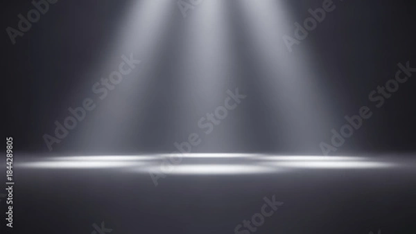 Fototapeta Captivating dynamic spotlights whisk across a dark, empty stage, casting brilliant illumination and creating an atmosphere perfect for an impactful presentation or grand performance