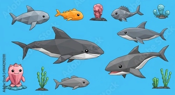 Obraz 海の生き物のかわいいローポリゴンイラスト鮫や魚とサンゴ藻が鮮やかな青い海に浮かぶデジタルアート. AI Generated