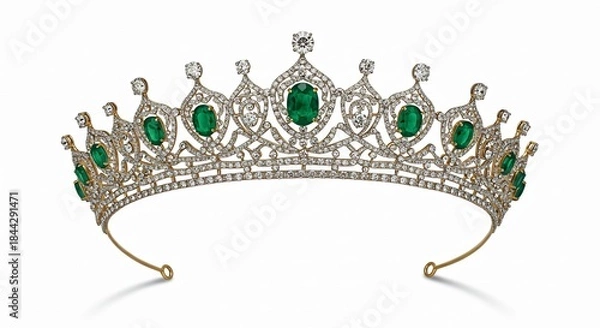 Obraz 白い背景で輝く豪華なエメラルドとダイヤモンドのティアラ繊細な細工が施され高貴な美しさが際立つ. AI Generated