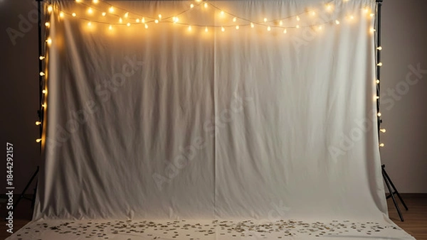 Fototapeta Festive white backdrop with warm string lights and scattered confetti, creating a versatile setting for celebrations, events, and memorable photo opportunities