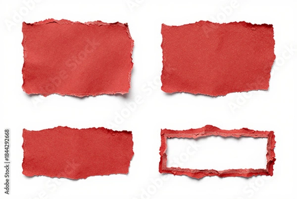 Fototapeta Set of four pieces of red torn paper on a white background.