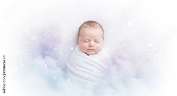 Obraz 白いおくるみに包まれ柔らかな光と夢見る雲に浮かぶ新生児 穏やかな寝顔が心温まる. AI Generated