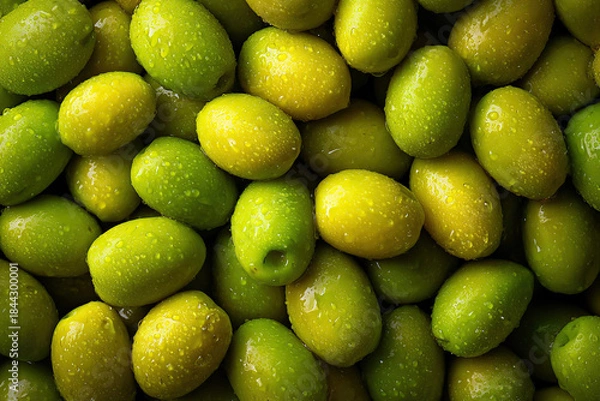 Obraz Fresh Green Olives With Water Drops Top View