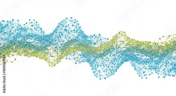 Obraz 鮮やかな青と黄緑の粒子が滑らかに繋がるデジタルウェーブ 未来的なデータ流動を美しく表現. AI Generated