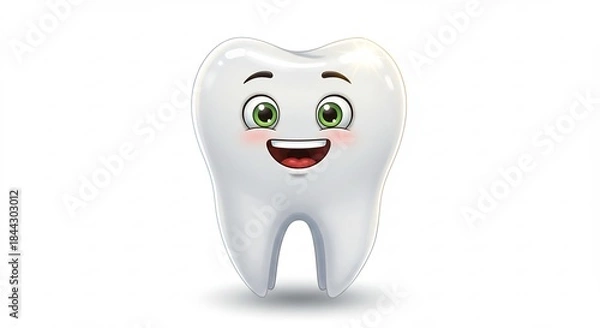 Obraz 愛らしい笑顔を浮かべたピカピカの白い歯が純粋な背景で輝くデジタルイラスト 明るく健康的な口元と親しみやすい表情が口腔ケアの重要性を楽しく促す. AI Generated