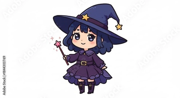 Obraz 美しく描かれた鮮やかな色彩の超可愛いちび魔女キャラクターが星付きの濃い紫の帽子をかぶりキラキラ輝く魔法の杖を持つ親しみやすい表情の楽しいファンタジーイラスト. AI Generated