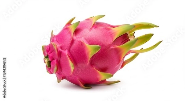 Obraz 熱帯の果物であるドラゴンフルーツが鮮やかなピンクと特徴的な緑のウロコ模様をまとい明るいスタジオ照明の清潔な白い背景の上でそのみずみずしいエキゾチックな美しさを生き生きと見せる. AI Generated