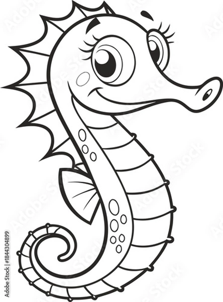 Obraz A cartoon seahorse is depicted in a black and white line art style against a clean white background. The seahorse is positioned in the center, facing towards the upper-left, with its head in a slight 