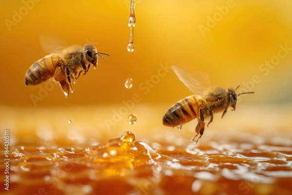 Obraz Honey Bees Flying Near Dripping Honeycomb Macro