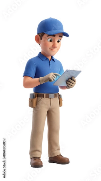 Fototapeta Friendly 3D Technician Character Using Digital Tablet.