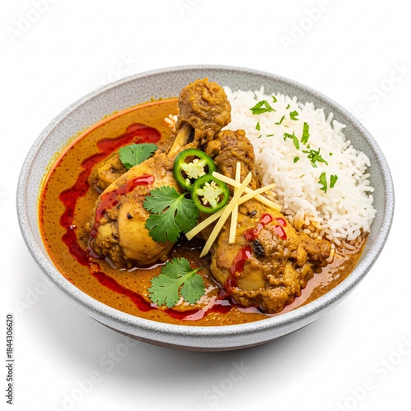 Obraz Chicken curry with rice and garnishes in a bowl
