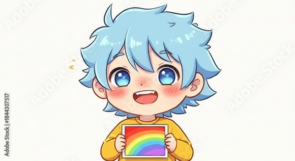 Obraz 笑顔で虹を掲げる水色の髪の少年 輝く瞳で多様な愛を明るく表現するキュートなアニメイラスト. AI Generated