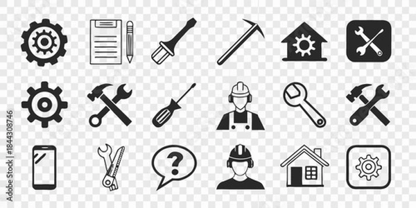 Obraz A collection of 18 minimalist line art icons, predominantly black, representing various tools and service-related concepts, is displayed against a transparent, checkered background. The icons are unif
