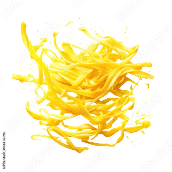 Fototapeta Bright yellow shredded cheese strands swirling midair on transparent background