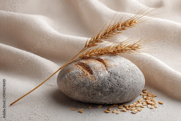Obraz Rustic Round Bread Loaf On Stone With Wheat Stalks