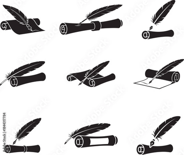 Fototapeta Collection of Quill and Scroll Icons