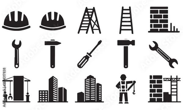 Fototapeta Construction and Building Icons: Tools, Helmets, and Structures