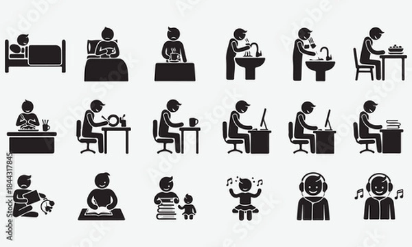 Fototapeta Daily Life Activities and Routines Icon Set