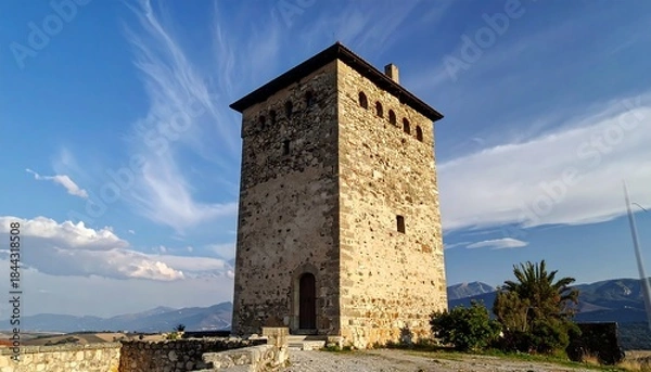 Fototapeta Ancient stone tower stands against a blue sky with wispy clouds, overlooking distant landscape