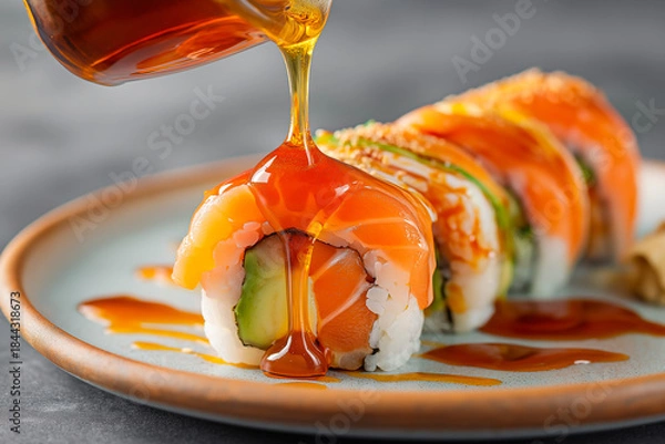 Fototapeta Close-up of sushi salmon fish, Japanese sushi collection. Sashimi sushi set with chopsticks and soy