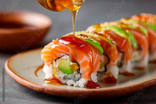 Fototapeta Close-up of sushi salmon fish, Japanese sushi collection. Sashimi sushi set with chopsticks and soy