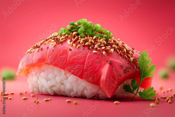 Fototapeta Close-up of sushi salmon fish, Japanese sushi collection. Sashimi sushi set with chopsticks and soy