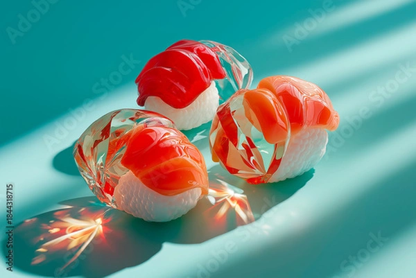 Fototapeta Close-up of sushi salmon fish, Japanese sushi collection. Sashimi sushi set with chopsticks and soy