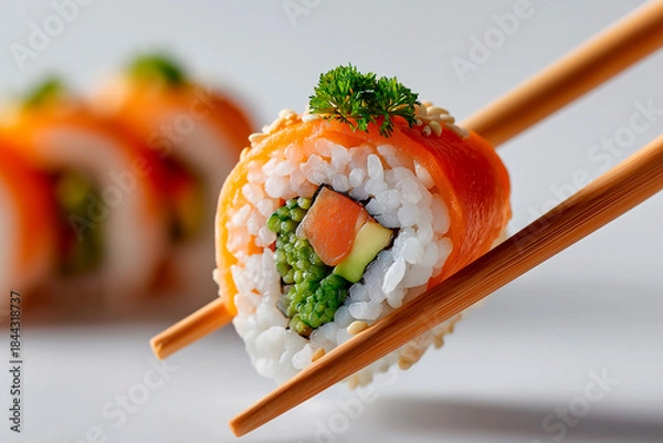 Fototapeta Close-up of sushi salmon fish, Japanese sushi collection. Sashimi sushi set with chopsticks and soy
