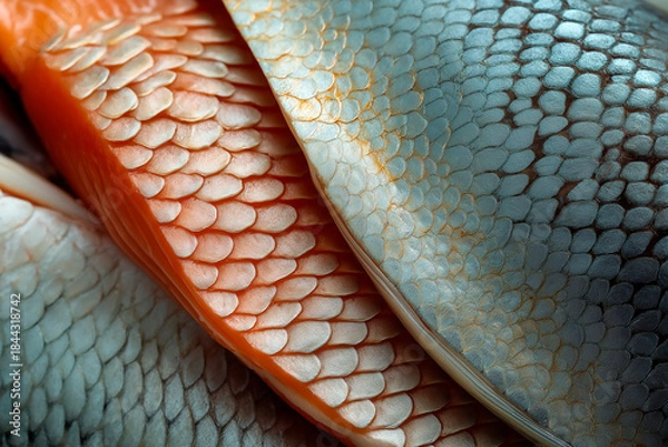 Fototapeta An abstract close-up view of stunning fish scales showcasing rich colors and intricate patterns, highlighting the beauty of marine life and textures found in nature.