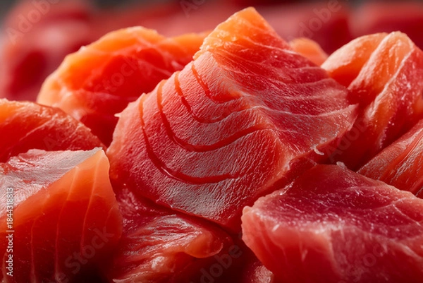 Fototapeta Close-up of sushi salmon fish, Japanese sushi collection. Sashimi sushi set with chopsticks and soy