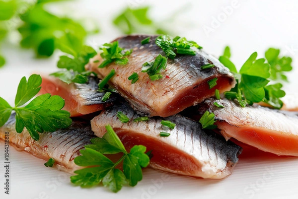 Fototapeta Close-up of sushi salmon fish, Japanese sushi collection. Sashimi sushi set with chopsticks and soy