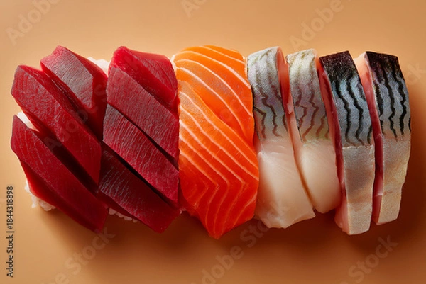 Fototapeta Close-up of sushi salmon fish, Japanese sushi collection. Sashimi sushi set with chopsticks and soy