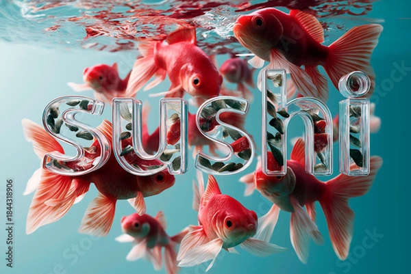 Fototapeta Close-up of typography word "fish" sushi salmon fish, Japanese sushi collection. Sashimi sushi set with chopsticks and soy