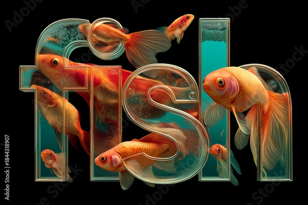 Fototapeta Close-up of typography word "fish" sushi salmon fish, Japanese sushi collection. Sashimi sushi set with chopsticks and soy