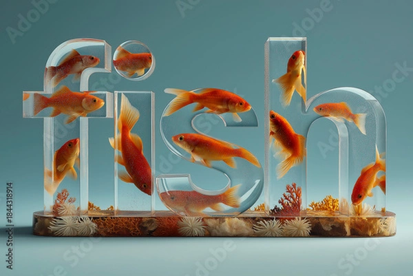 Fototapeta Close-up of typography word "fish" sushi salmon fish, Japanese sushi collection. Sashimi sushi set with chopsticks and soy