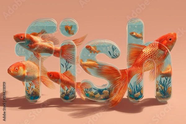 Fototapeta Close-up of typography word "fish" sushi salmon fish, Japanese sushi collection. Sashimi sushi set with chopsticks and soy