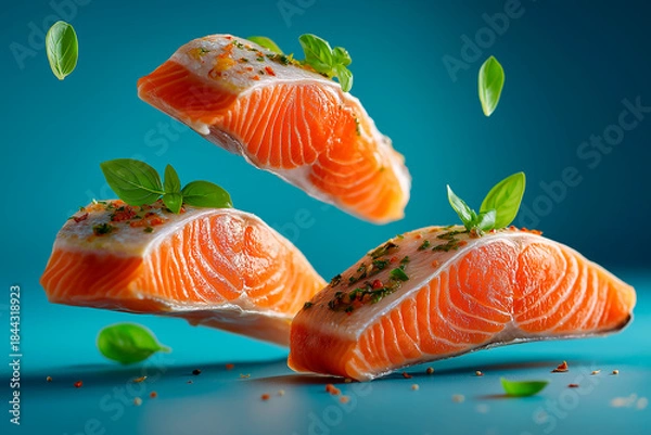 Fototapeta Close-up of sushi salmon fish, Japanese sushi collection. Sashimi sushi set with chopsticks and soy