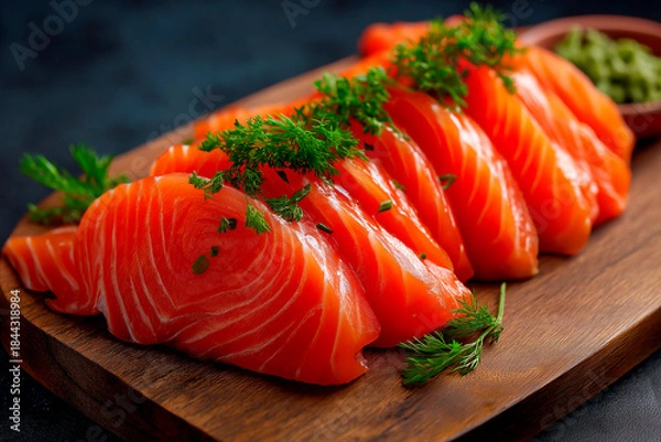 Fototapeta Close-up of sushi salmon fish, Japanese sushi collection. Sashimi sushi set with chopsticks and soy